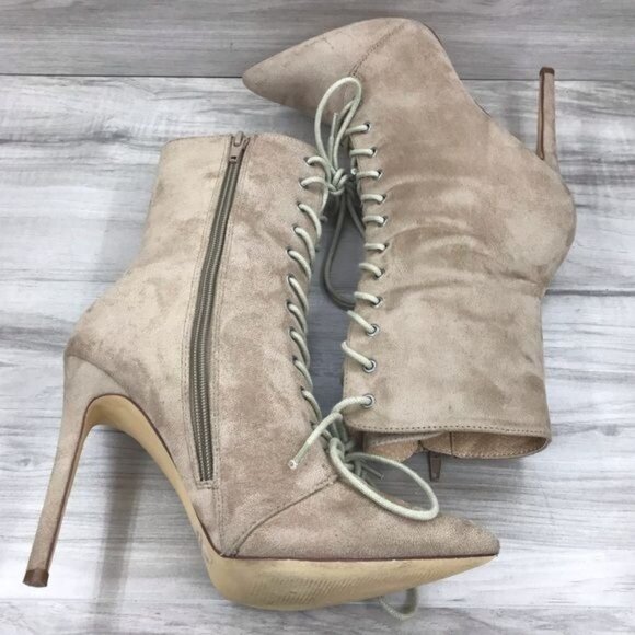 Olivia Ferguson Boots Womens 7.5 Tan Faux Suede Zip Lace Up Stiletto Heels - Picture 8 of 10